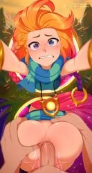 1girls amulet anal anal_sex anus armwear flustered freckles hair_ornament league_of_legends looking_at_viewer male male_pov merunyaa orange_hair penis portal portal_sex purple_hair scarf stuck zoe_(league_of_legends)