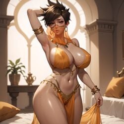 ai_generated big_breasts blizzard_entertainment brown_hair dancer_outfit eogard_orc exotic_dancer face_veil gold_jewelry loincloth oiled oiled_skin orange_clothing orange_eyes overwatch overwatch_2 seductive self_upload shiny_skin stable_diffusion standing tracer