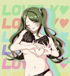 an_hoshiarai blush breasts covered_nipples d4dj exposed_breasts hand_heart heart lovely shimizu_esora swimsuit text tongue wink