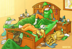 1girls 3boys aftermath ambiguous_gender anthro bed canine cuffs drool feline female fox fur furry hangover lagomorph lion male piercing rabbit saliva sean_o'hare st._patrick's_day text