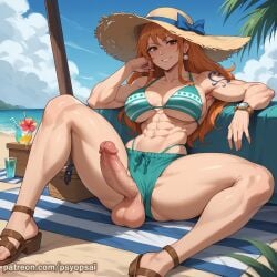 1futa abs ai_generated artist_name artist_psyopsai big_penis colored digital_media_(artwork) front_view futa_only futanari long_hair muscles muscular nami one_piece orange_hair solo solo_focus uncensored watermark