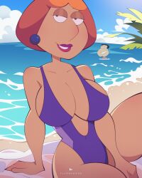 20th_century_fox beach breasts family_guy flipherrrr glenn_quagmire lipstick lois_griffin milf one-piece_swimsuit orange_hair purple_bikini smiling tagme