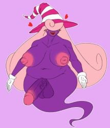 balls big_balls big_breasts big_nipples big_penis breasts clothing dickgirl female futanari genitals ghost gloves gynomorph hair handwear hat headgear headwear heart_symbol huge_cock humanoid intersex jogstash long_hair mario_bros nintendo nipples paper_mario penis shadow_siren smile solo spirit thick_thighs vivian_(mario)