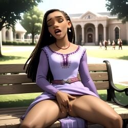 1girls ai_generated asha_(disney) bare_thighs bench black_hair closed_eyes dark-skinned_female dark_hair dark_skin disney dreadlocks dress dress_lift dressed earrings female female_focus female_masturbation fingering fingering_pussy fingering_self fingers_in_pussy freckles freckles_on_face long_hair long_sleeves makeup masturbating masturbation moaning no_panties open_mouth orgasm orgasm_face outdoor_masturbation outdoors outside outside_masturbation park park_bench people_in_background public public_masturbation purple_dress pussy pussy_juice pussy_juice_drip sitting_on_bench thighs tree wish_(film)