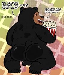 anthro ass balls bodily_fluids cartoon_network clothing english_text food genitals grizzly_(we_bare_bears) holding_food holding_object kneeling looking_back male rear_view sebboh smile solo sweat text tight_clothing we_bare_bears