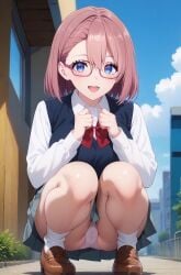 2.5_jigen_no_ririsa ai_generated amano_ririsa bare_thighs big_breasts blue_eyes glasses huge_breasts huge_thighs light-skinned_female light_skin looking_at_viewer massive_breasts panties pantyhose pink_hair school_uniform schoolgirl short_hair shounen_jump+ smiling solo_female squatting sweat sweatdrop thick_body thick_female thick_thighs thighs voluptuous voluptuous_female yoshi_(artist)