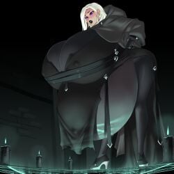 1girls black_lipstick candle candles huge_belly huge_breasts hyper_pregnancy long_hair nipple_bulge purple_eyes tagme tight_clothing white_hair zdemian