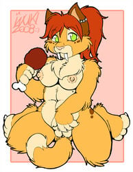 2008 breasts chest_tuft claws color cute drumstick exposed_breasts face_markings female female_only food front_view fur furry furry_breasts furry_tail green_eyes hair inuki kneeling looking_at_viewer ponytail pussy red_hair short_hair solo spots tail tan tied_hair