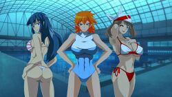 3girls aged_up alluring ass bikini blue_eyes blue_hair dawn_(pokemon) fallere825 female female_only kasumi_(pokemon) looking_at_viewer looking_back may_(pokemon) may_(pokemon_emerald) misty_(pokemon) multiple_girls night nintendo orange_hair pokemon pokemon_(anime) pokemon_dppt pokemon_rgby pokemon_rse swimming_pool