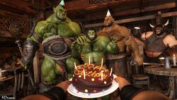 ad-games anthro background_character balls birthday body_hair bovid bovine cake canid canine chest_hair clothed clothing dark-skinned_male dark_skin dessert european_mythology food gay genitals greek_mythology group hi_res horn humanoid male male/male male_only mammal minotaur muscular muscular_humanoid muscular_male mythology nipples orc orc_male partially_clothed penis size_difference taur were werecanid werecanine