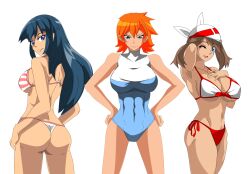 3girls alluring ass bikini blue_eyes blue_hair dawn_(pokemon) fallere825 female female_only kasumi_(pokemon) looking_at_viewer looking_back may_(pokemon) may_(pokemon_emerald) misty_(pokemon) multiple_girls night nintendo orange_hair pin_up pokemon pokemon_(anime) pokemon_dppt pokemon_rgby pokemon_rse white_background wink