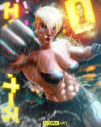 1girls abs acdraart big_biceps blonde_hair cd_projekt_red cyberpunk:_edgerunners cyberpunk_2077 dorio_(edgerunners) female female_only flexing light-skinned_female light_skin looking_at_viewer mommy muscle_mommy muscular muscular_female netflix punch punching short_hair studio_trigger text very_short_hair wet