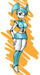 2019 android blue_hair breasts female full-length_portrait genitals hair hand_on_leg hand_on_thigh hi_res humanoid jenny_wakeman looking_at_viewer machine metallic_body my_life_as_a_teenage_robot nickelodeon nipples not_furry portrait pussy robot robot_humanoid smile socarter solo standing tiptoes xj-9