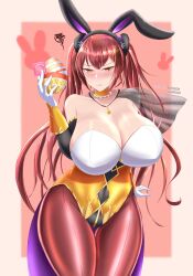 1girls abstract_background alternate_breast_size alternate_costume blush bunny_ears bunny_girl bunnysuit cameltoe choker condom easter_egg egg female female_only fire_emblem fire_emblem_awakening fire_emblem_heroes flower_necklace flustered gloves huge_breasts leotard milf narrow_waist navel_line necklace nintendo official_alternate_costume red_eyes red_hair severa_(fire_emblem) severa_(spring)_(fire_emblem) solo strapless_leotard suppuri text thunder_thighs tights twintails wide_hips