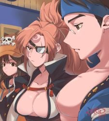 anji_mito artist_request baiken big_breasts big_pecs cleavage clothed clothed_female clothed_male eye_patch face_markings female female_focus girl_staring_at_guy's_chest guilty_gear huge_breasts large_breasts light-skinned_female looking_at_breasts may_(guilty_gear) meme open_shirt pink_hair red_eyes samurai scar scar_across_eye