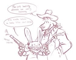 anthro canine clothing cowboy_hat firearm furry gun handgun headwear lapine male male_only max_(sam_and_max) rabbit revolver sam_(sam_and_max) sam_and_max sfw sheriff walnutgecko water_gun weapon