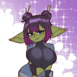 1girls big_breasts black_hair blue_eyes breast_press breasts female female_only freckles goblin goblin_female gobtober green-skinned_female green_skin hair_buns imaginaricide looking_at_viewer matcha_(gattles) medium_hair narrowed_eyes pointy_ears purple_highlights shortstack smiling smiling_at_viewer solo upper_body weaponized_thickness