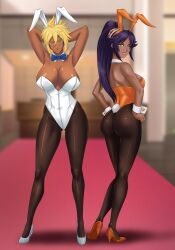 2girls amenoosa animal_ears animal_tail ass backless_leotard backless_outfit big_ass big_breasts bleach breasts brown_skin bunny_girl bunny_tail bunnysuit cleavage dark-skinned_female dark_skin dat_ass detached_collar detached_sleeves fake_animal_ears fake_tail female female_only footwear full_body hair_ornament heels high_heels huge_breasts leotard multiple_girls pantyhose ponytail purple_hair revealing_clothes ribbon round_ass shihouin_yoruichi sideboob tail tia_harribel tied_hair tight_clothing voluptuous yellow_hair