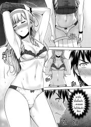 1boy 1futa bangs blue_eyes blush breasts bulge clothed clothing comic dialogue flaccid futa_focus futanari human lingerie long_hair looking_back male monochrome mostly_nude nut-chan partially_clothed penis penis_in_panties skindentation standing text undressing wide_hips xtermination