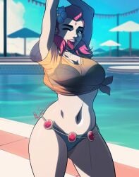 1girls arms_up bikini blue_eyes dc dc_comics female_only flower_in_hair forehead_jewel gray_skin happy poolside purple_hair rachel_roth raven_(dc) see-through_top tagme teen_titans thick_thighs tongue_out triplexmile wink