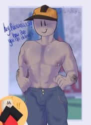 1boy blush builderman bulge bulge_through_clothing happy male_only roblox robloxian tagme topless valefar