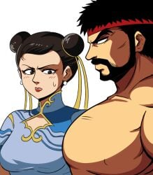 1boy 1girls big_breasts big_pecs capcom chinese_female chun-li female girl_staring_at_guy's_chest japanese_male meme ryu_(street_fighter) street_fighter street_fighter_6 tinafate1 topless