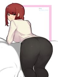 1girls ass ass_focus big_ass big_breasts breasts chainsaw_man clothed clothed_female dazz_chan eye_contact female female_only fully_clothed long_hair looking_at_viewer looking_back makima_(chainsaw_man) red_hair solo yellow_eyes