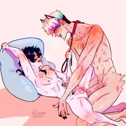 2boys anal anal_sex animal_ears bed big_penis black_hair blush collar creepypasta erection jeff_the_killer leash leash_and_collar long_hair lying male male_only multicolored_hair nude original_character pale_skin penetration penis piercing red_eyes sex yaoi