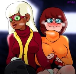 2girls blush canon_lesbian coco_diablo female female_only fingering_partner glasses heart-shaped_pupils jsart measuring_tape multiple_girls panties scooby-doo skirt skirt_lift trick_or_treat_scooby-doo turtleneck_sweater velma_dinkley yuri