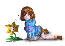 1girls 2d brown_hair clothed erect_nipples erect_nipples_under_clothes female flirting flirting_look flowey_the_flower frisk heart short_hair smile smiling smiling_at_another starstudio_2003 undertale undertale_(series) yellow_eyes