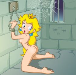 ass barefoot beige_skin blue_eyes blush bondage bound breasts chains color crown damsel_in_distress ear_piercing edited feet female female_only femsub hair human indoors kneeling long_hair looking_back mario_(series) nintendo nude open_eyes open_mouth piercing princess_peach prison_bitch round_ears side_view soles solo super_princess_peach tally tally_marks tapdon web yellow_hair