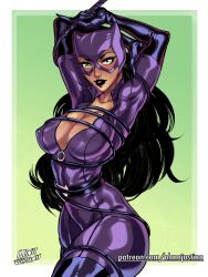 1girls 2022 arms_behind_head arms_up batman_(series) big_breasts black_hair black_lipstick blush bodysuit cat_ears catwoman cleavage costume dc dc_comics female female_only green_eyes hi_res inner_sideboob long_hair looking_at_viewer nipple_bulge ohnojustino open_bodysuit pokies solo thick_thighs tied_up whip