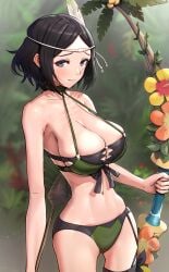 1girls alternate_costume bare_arms bare_shoulders bikini black_eyes black_hair blurry blurry_background blush breasts commentary_request cowboy_shot feather_hair_ornament feathers female female_only fire_emblem fire_emblem_awakening fire_emblem_heroes flower gonzarez green_bikini green_swimsuit hair_ornament highres large_breasts looking_at_viewer navel nintendo noire_(fire_emblem) noire_(summer)_(fire_emblem) official_alternate_costume orange_flower short_hair solo standing stomach swimsuit yellow_flower