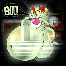 anthro belly_button big_ass big_breasts big_thighs boo_(mario) bow breasts fan featureless_breasts female female_only ghost ghost_girl glowing green_body hair hand_on_ass hand_on_breast holding_object huge_ass huge_belly humanoid hyper_belly lady_bow looking_at_viewer mansion mario_(series) mrpr1993 nintendo no_nipples open_mouth paper_mario solo solo_focus speech_bubble tagme tail text thick_thighs thighs