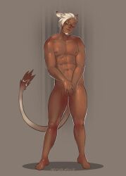 abysmal0 animal_ears covering_crotch final_fantasy final_fantasy_xiv male male_only miqo'te muscular nude scar scar_across_eye short_hair solo solo_male tail white_hair