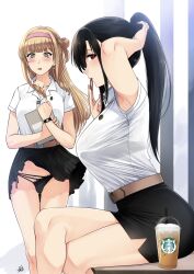 1futa 1girls bangs big_breasts black_hair blonde_hair breasts bulge clothed clothing duo female flaccid fully_clothed futanari human light-skinned_futanari light_skin long_hair mostly_nude nut-chan original pencil_skirt penis penis_in_panties side_view skirt xtermination