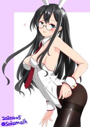 absurdres alternate_breast_size animal_ears between_breasts black_hair black_pantyhose breasts dated detached_collar female glasses green_eyes highres kantai_collection leotard long_hair looking_at_viewer medium_breasts necktie nitamako_(sakamalh) one-hour_drawing_challenge ooyodo_(kantai_collection) pantyhose playboy_bunny rabbit_ears rabbit_tail red_necktie semi-rimless_eyewear solo strapless strapless_leotard tail thighband_pantyhose twitter_username under-rim_eyewear white_leotard wrist_cuffs