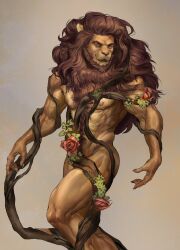 2021 abs anthro beard biceps body_hair chest_tuft claws closed_eyes facial_hair felid flower grin hair happy_trail hi_res kingsguard_vn lion long_hair male mammal mane muscular muscular_anthro muscular_male neck_tuft nipples nude open_mouth pantherine pecs plant pubes restrained rose_(flower) simple_background smile solo standing thebigslick tuft veiny_muscles vine_bondage vines