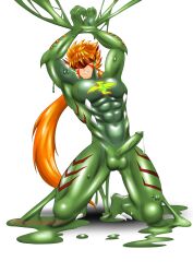 1boy absurdres alabuster bara bodysuit borrowed_character bulge dragon_sword erection erection_under_clothes highres muscular muscular_male original slime_(substance)