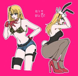 alternate_costume bikini_top blonde_hair blue_eyes bunny_ears bunny_tail bunnysuit chi_c_lov crouching female female_only gintama gloves high_heels kijima_matako long_hair looking_at_viewer medium_breasts pantyhose pink_background playboy_bunny red_gloves short_shorts shorts side_ponytail solo thigh_strap