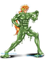 1boy absurdres alabuster bara bodysuit bulge dragon_sword erection erection_under_clothes highres muscular muscular_male original slime_(substance)