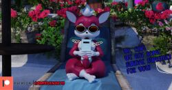 3d_(artwork) anthro ass big_butt camseven casual_nudity chip_(sonic) crossed_legs digital_media_(artwork) english_text erection eyewear folding_chair fur girly hair hi_res male mammal outside phone red_body red_fur sega sitting solo sonic_(series) sonic_the_hedgehog_(series) sonic_unleashed sunglasses teapot_(body_type) text thick_thighs unknown_species watermark white_hair wide_hips wings