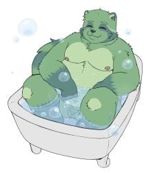 anthro balls bath bathtub bent_arm bent_legs bubble claws closed_eyes foreskin fred_(fredrick_brennan) fur genitals glans green_body green_fur haruk000 hi_res humanoid_genitalia humanoid_penis male mammal micropenis mouth_closed navel nipples nude overweight overweight_anthro overweight_male penis procyonid raccoon sitting small_penis solo teeth water