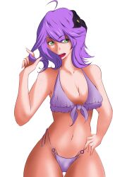 belly belly_button big_ass big_butt black_flower chubby_female cleavage female flower freckles green_eyes hair_ornament hair_twirling human_female lavender_bikini messy_hair micro_bikini_bottom original_character pale-skinned_female pale_skin plum_mirabelle pokemon purple_bikini purple_bikini_bottom purple_bikini_top purple_eyes smile smiley_face tanned tanned_skin thick_ass thick_thighs thin_arms thin_waist tied_bikini_top tiny_arms tiny_bikini tiny_breasts