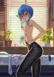 1girls black_pants blue_eyes blue_hair dressing eyebrows_visible_through_hair female female_only flat_chest highres hololive hololive_gen_0 hololive_japan hoshimachi_suisei hosiyomi jagoo_(artist) light-skinned_female light_skin nipples pants pants_only plant skinny solo solo_female topless virtual_youtuber