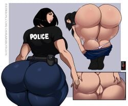 ass big_ass big_breasts big_butt black_hair bottom_heavy brown_eyes bubble_ass bubble_butt fat_ass fat_butt female female_only huge_ass huge_butt large_ass large_breasts large_butt light-skinned_female looking_at_viewer looking_back massive_ass original osmar-shotgun police police_uniform policewoman thicc_french_policewoman thick_ass thick_thighs tight_pants wide_hips