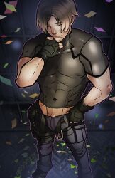 abs abysmal0 brown_hair confetti dick_slip fingerless_gloves leon_scott_kennedy male male_only resident_evil short_hair solo solo_male tongue