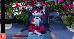 3d_(artwork) anthro ass big_butt camseven casual_nudity chip_(sonic) digital_media_(artwork) english_text erection eyewear folding_chair fur girly hair hi_res male mammal outside phone red_body red_fur sega smile solo sonic_(series) sonic_the_hedgehog_(series) sonic_unleashed sunglasses teapot_(body_type) text thick_thighs unknown_species watermark white_hair wide_hips wings