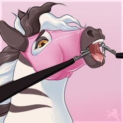 ambiguous_gender bodily_fluids digital_media_(artwork) equid equine feral fluffymare gag hair hood latex looking_at_viewer mammal mane open_mouth ring_gag saliva solo teeth tongue worried zebra