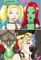 2boys 2girls ambiguous_consent batman_(series) blonde_hair choker comic cum cum_in_mouth cum_in_throat cum_inside dark-skinned_male dark_skin dc dc_comics deepthroat dialogue fellatio female female_focus green-skinned_female green_skin harley_quinn harley_quinn_(series) henpie interracial light-skinned_female male multicolored_hair multiple_males oral poison_ivy red_hair rough_oral runny_makeup snap_my_choker speech_bubble straight throat_fuck